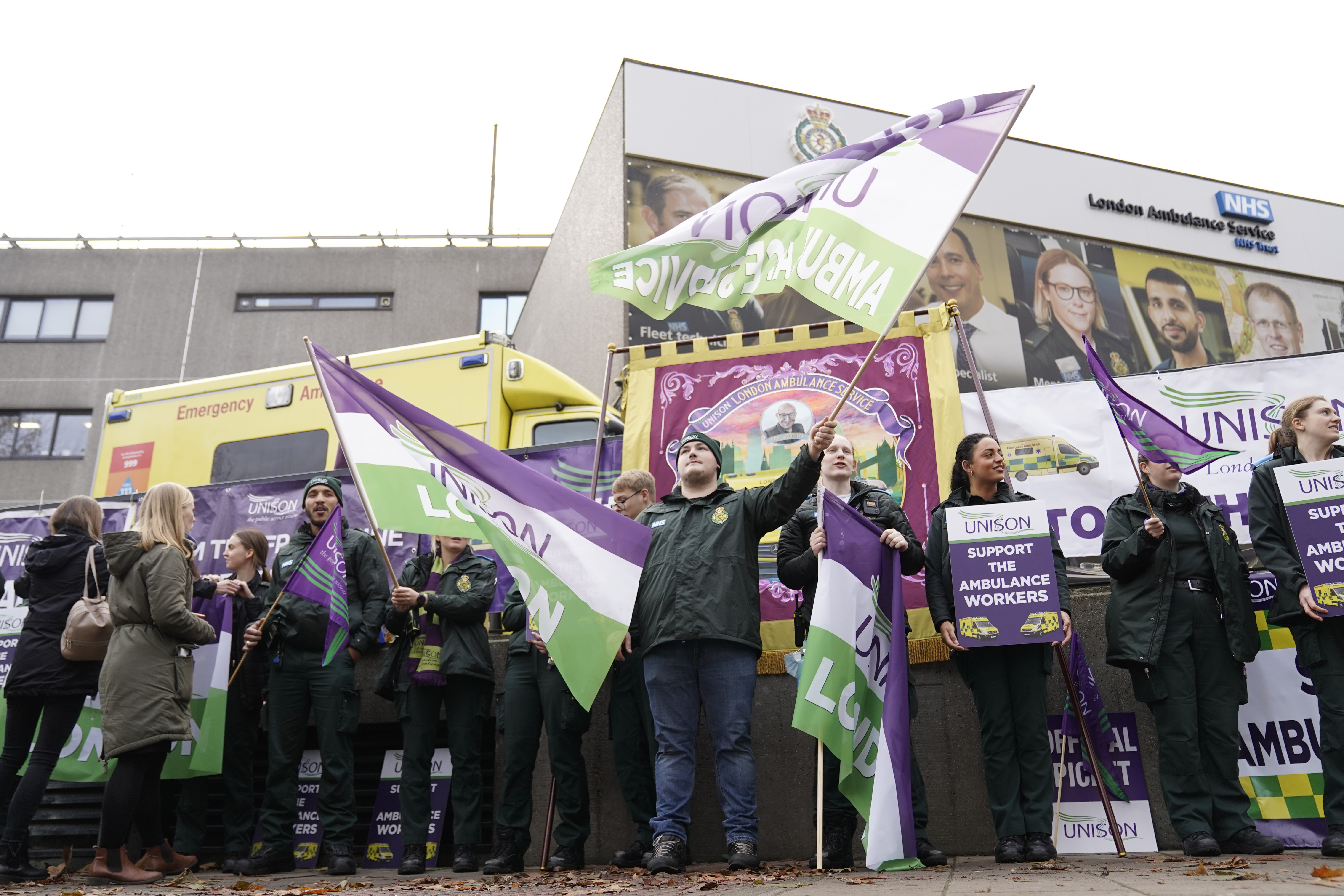 Ambulance workers on the picket line outside Waterloo ambulance station in London.jpg